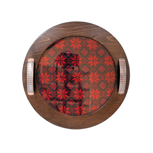 Exquisite Hand-Embroidered Glass-Inlaid Wooden Serving Tray, Round (35 cm Diameter)