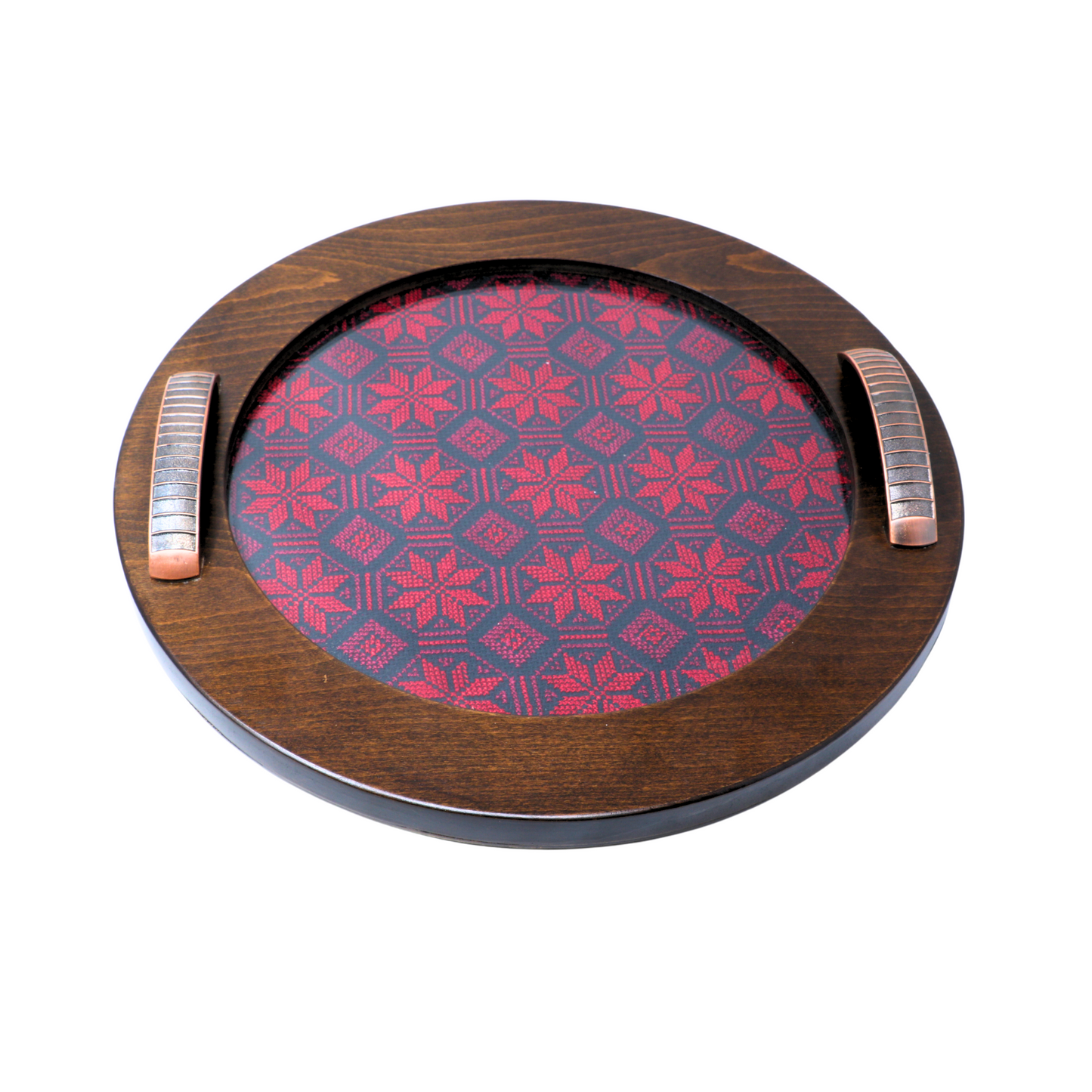Exquisite Hand-Embroidered Glass-Inlaid Wooden Serving Tray, Round (35 cm Diameter)