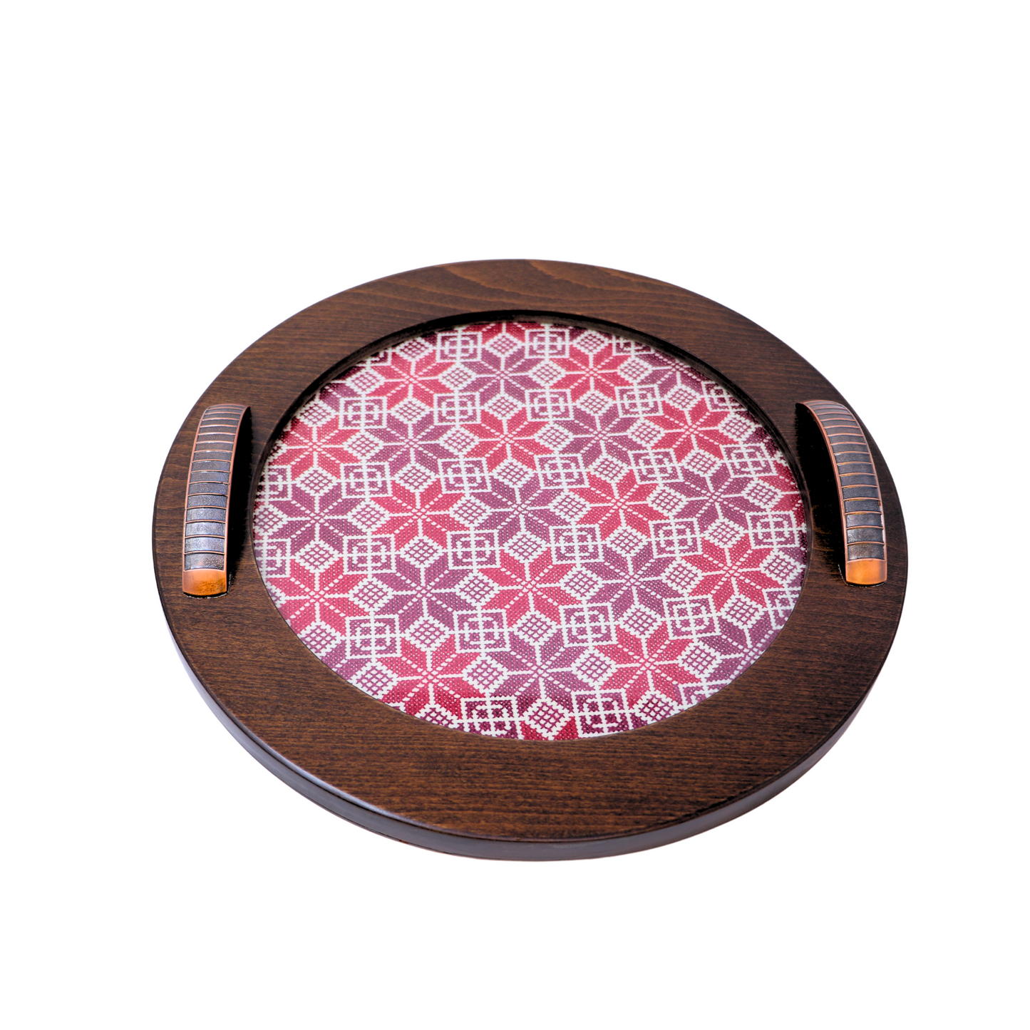 Exquisite Hand-Embroidered Glass-Inlaid Wooden Serving Tray, Round (35 cm Diameter)