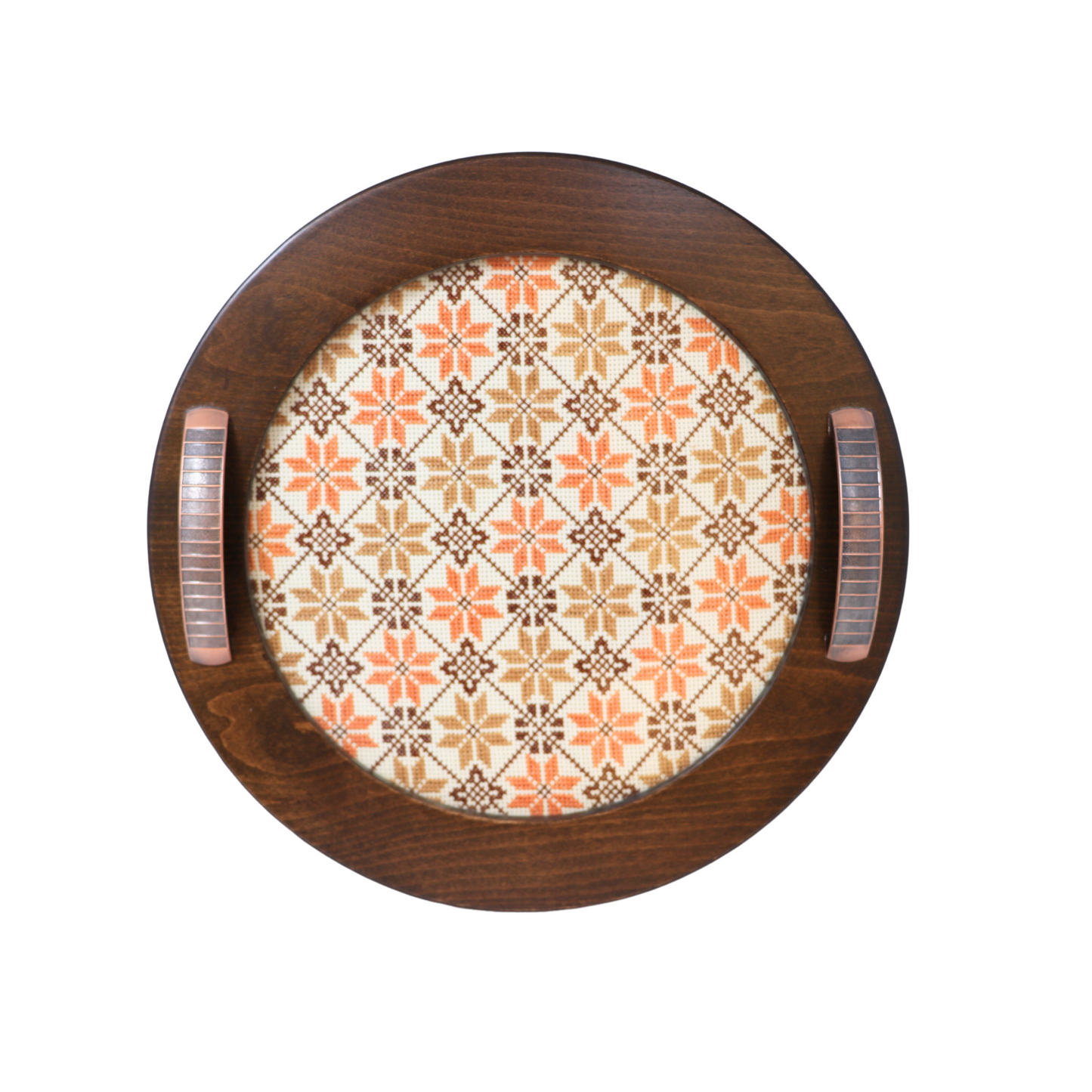 Exquisite Hand-Embroidered Glass-Inlaid Wooden Serving Tray, Round (35 cm Diameter)