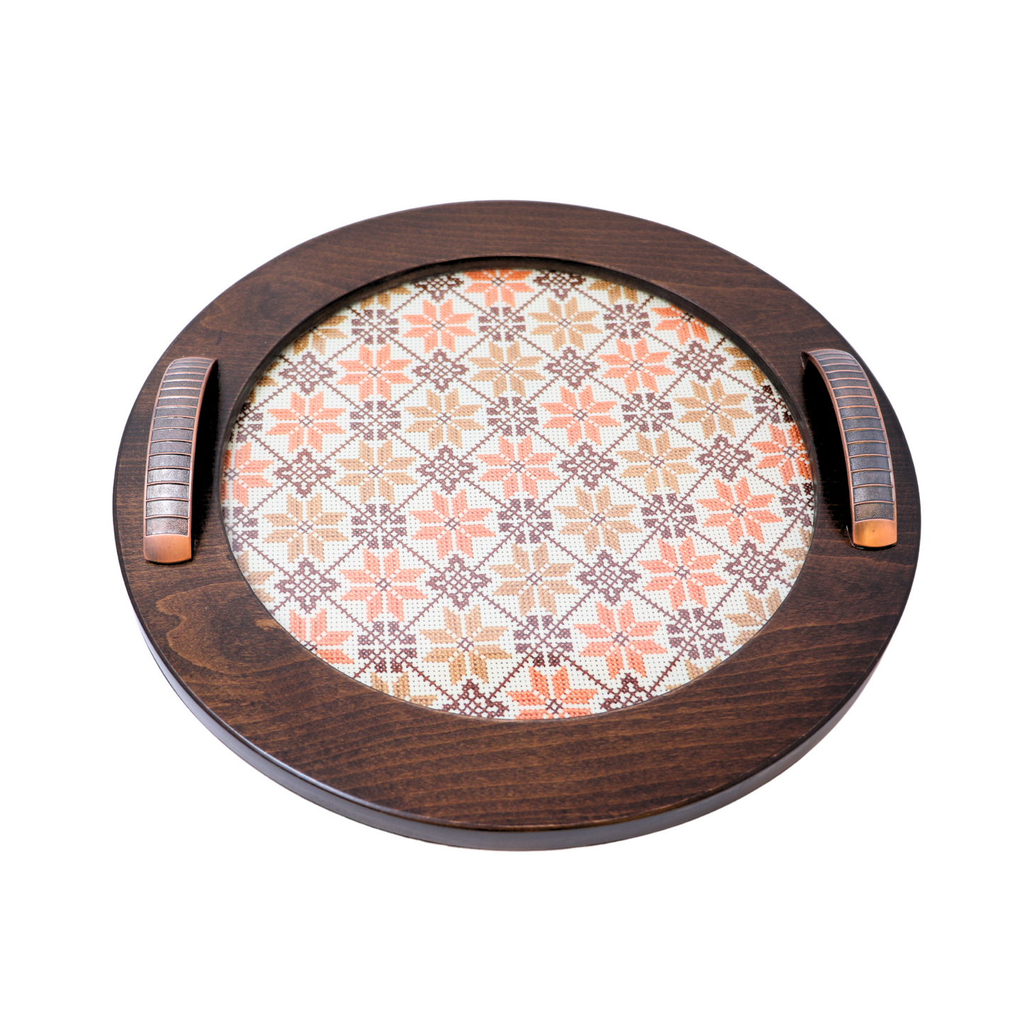 Exquisite Hand-Embroidered Glass-Inlaid Wooden Serving Tray, Round (35 cm Diameter)