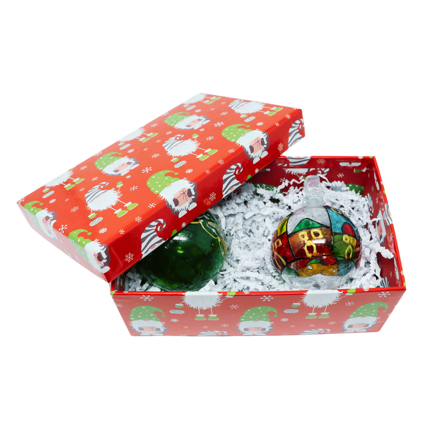 Handmade, Hand Painted Glass Christmas Ornaments in Gift Box - Set of 2
