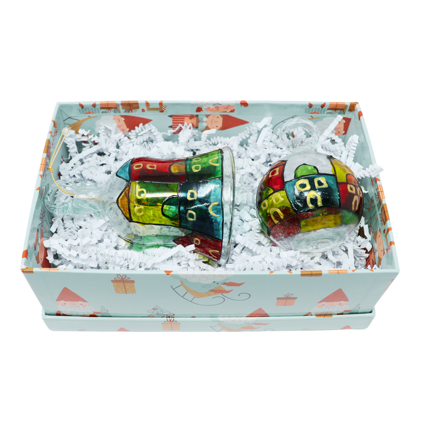 Handmade, Hand Painted Glass Christmas Ornaments in Gift Box - Set of 1 Bell and 1 Ornament