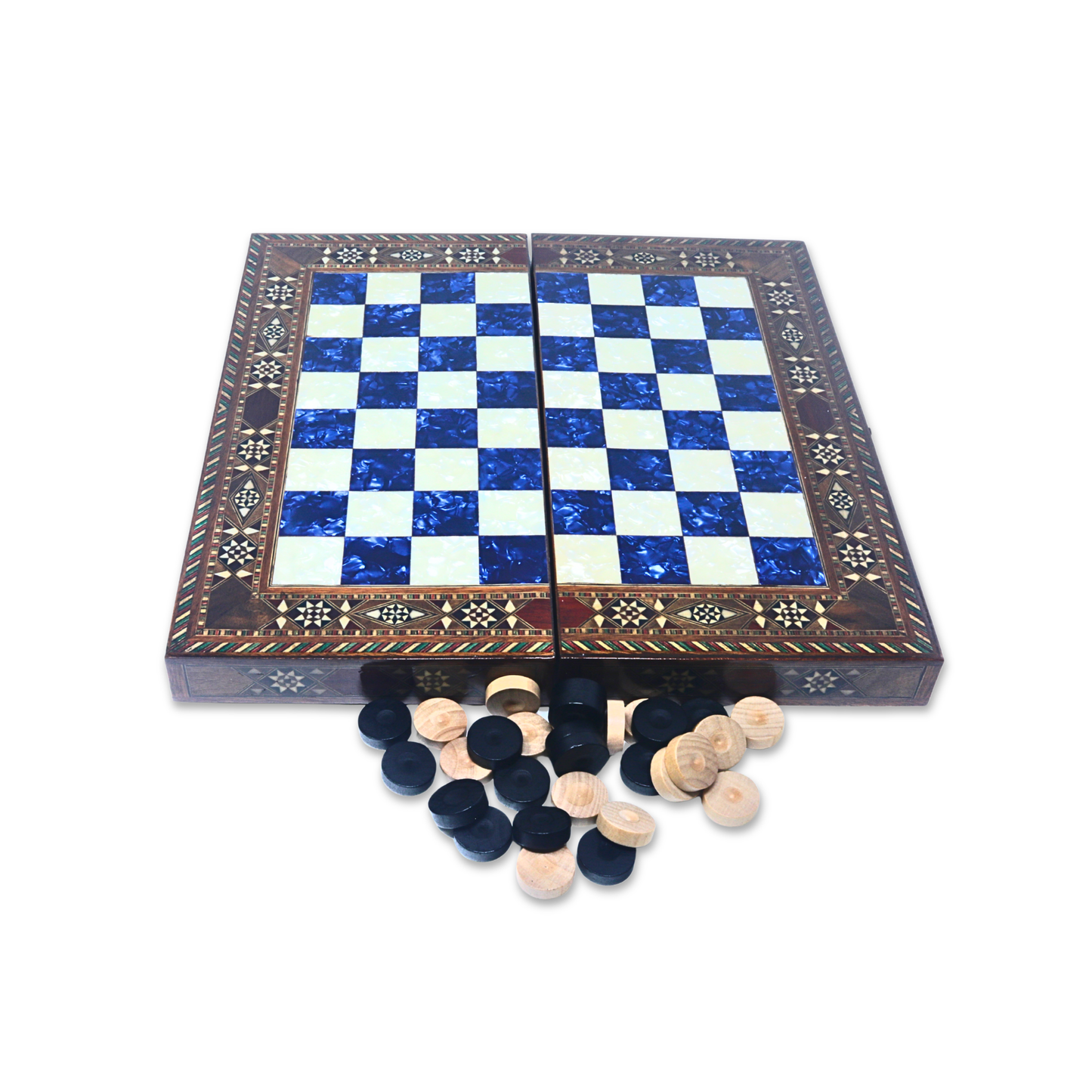 Handmade Wooden Mosaic Backgammon Set - Small 34 cm