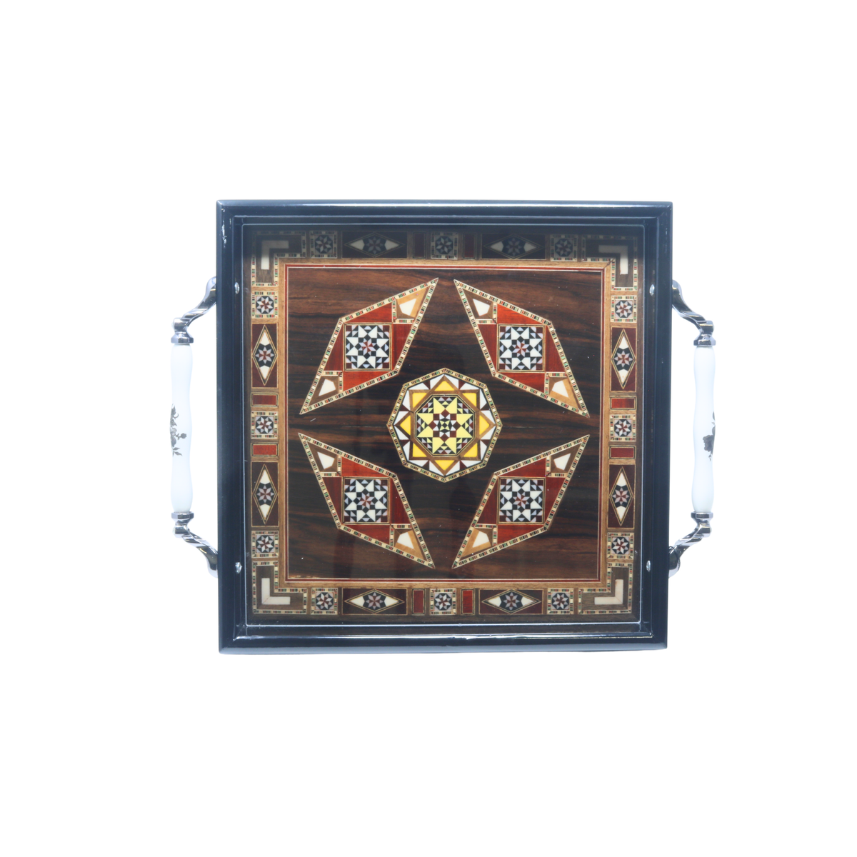 Wooden Mosaic Tray with Carrying Handle - 37x30 cm