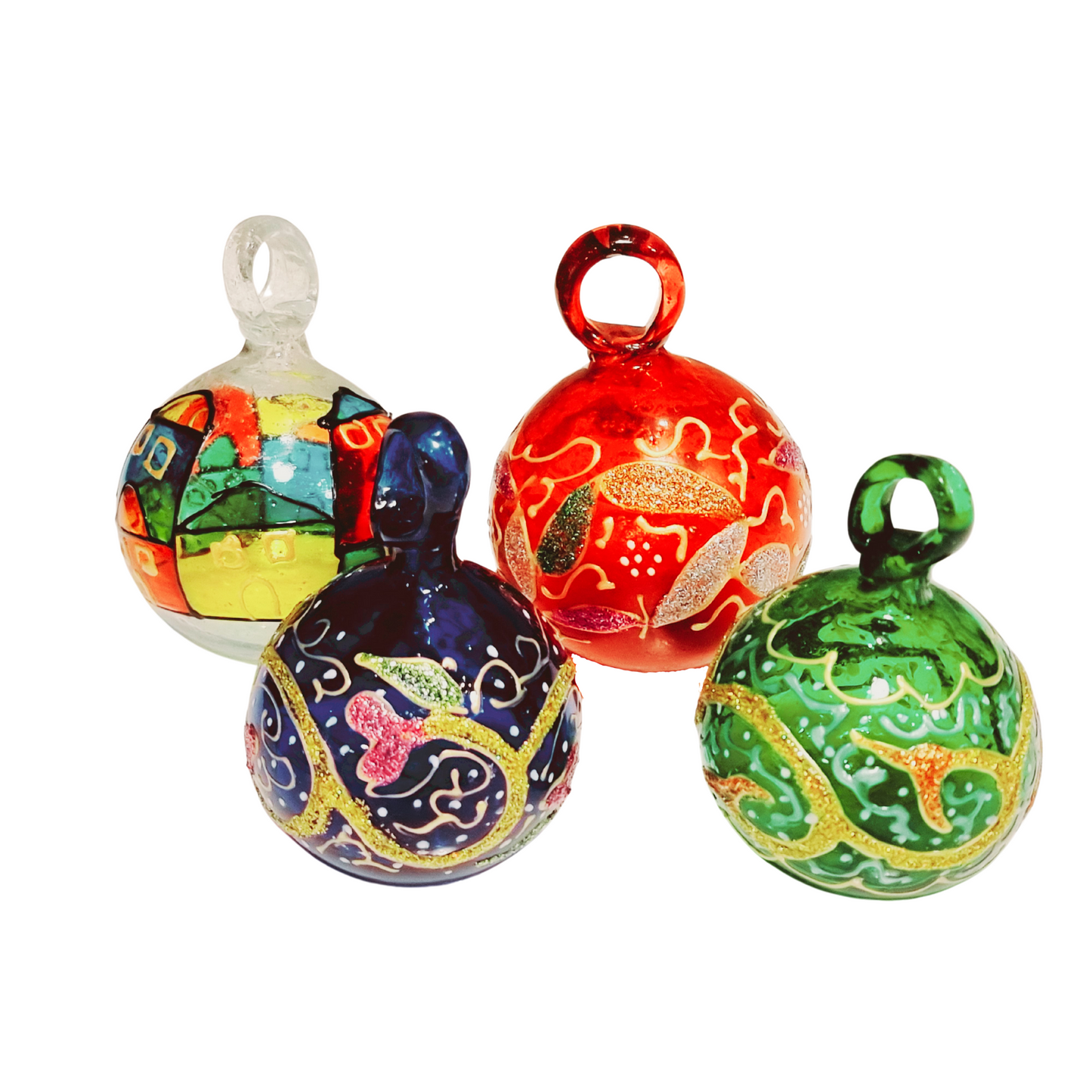 Handmade, Hand Painted Glass Christmas Ornaments in Gift Box - Set of 1 Bell and 1 Ornament