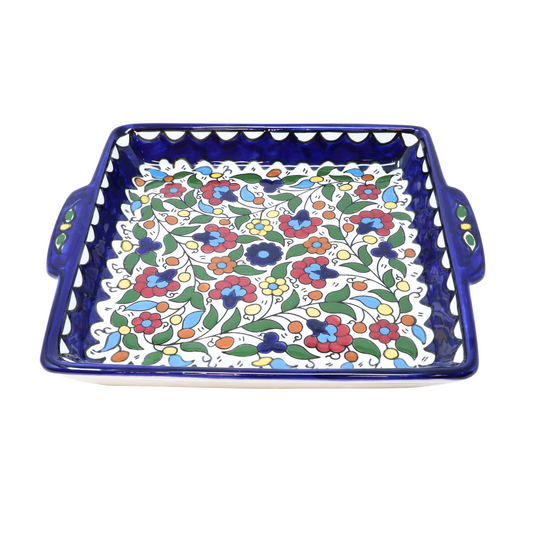 Handmade Ceramic Serving Platter with Handle, Square, 27 cm