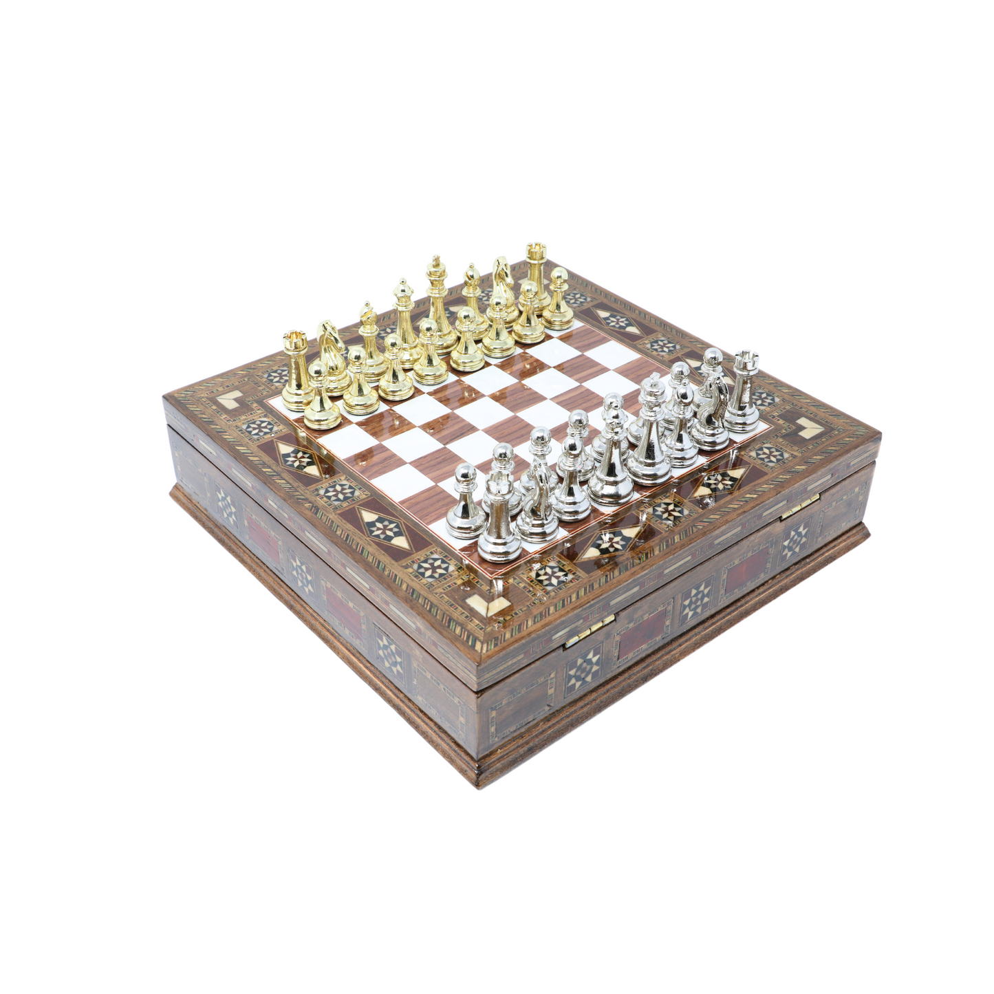 Handmade Wooden Mosaic Chess Board Chess Board with Internal Storage Box - Small 23 cm