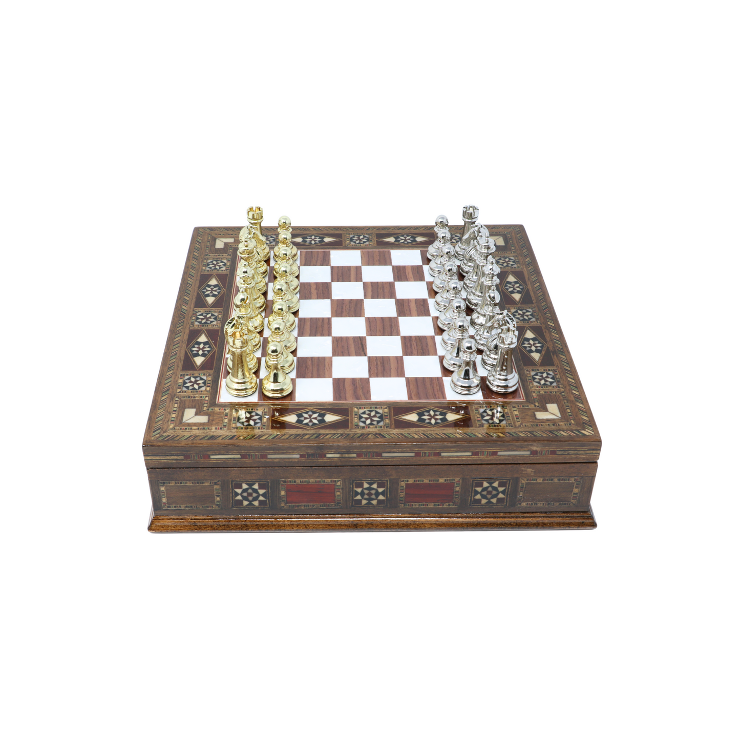 Handmade Wooden Mosaic Chess Board Chess Board with Internal Storage Box - Small 23 cm