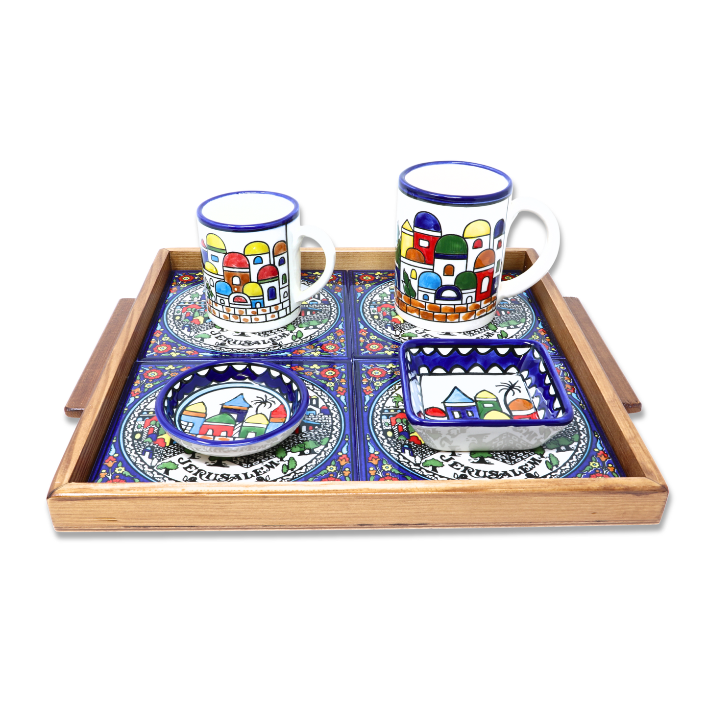 Handmade Wooden Tray with Ceramic Tiles 32x35 cm