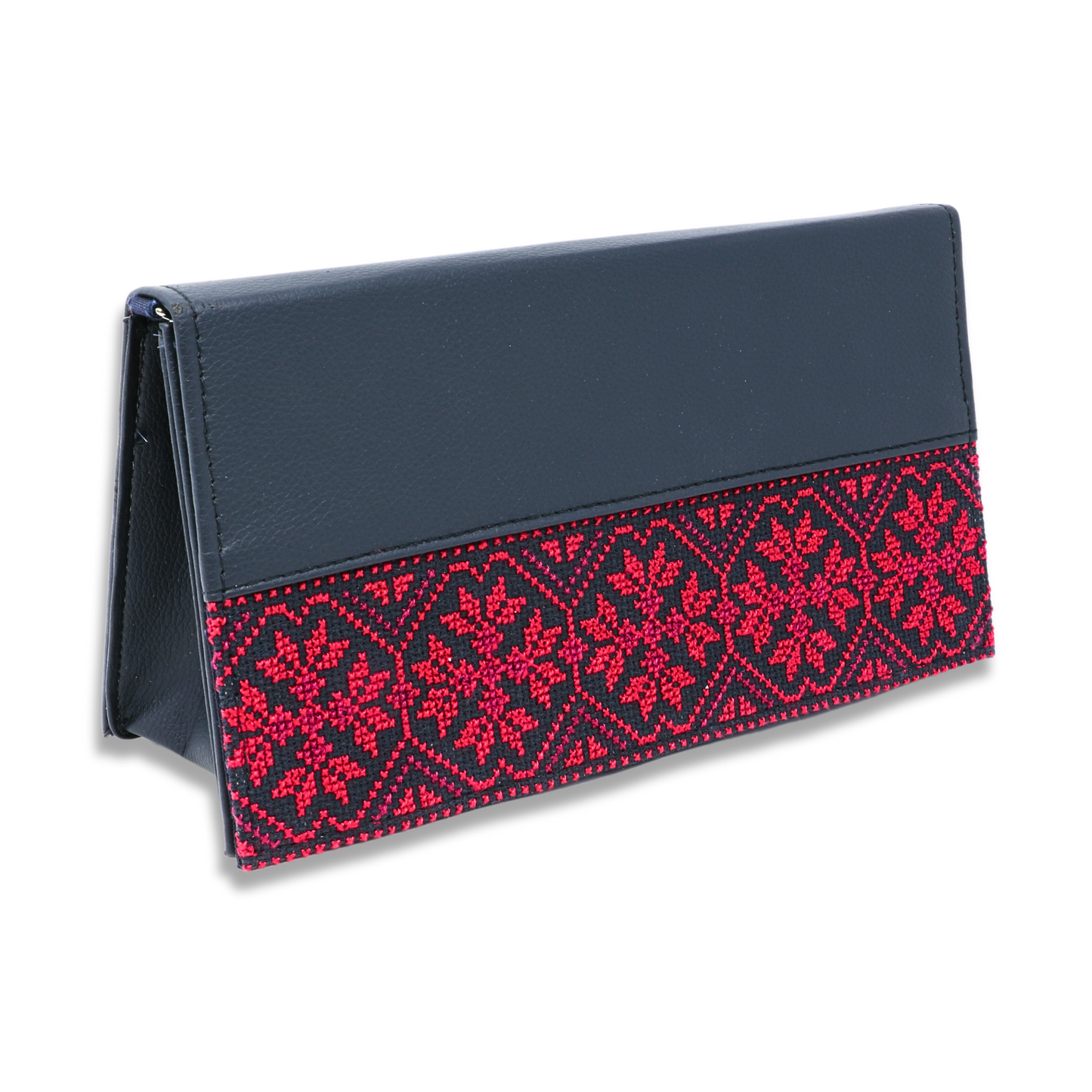 Rectangle-shaped Soiree Leather Bag with Vibrant Cross-Stitch Hand-Embroidery and Metal Chain Strap (26x15 cm), Half Inlay