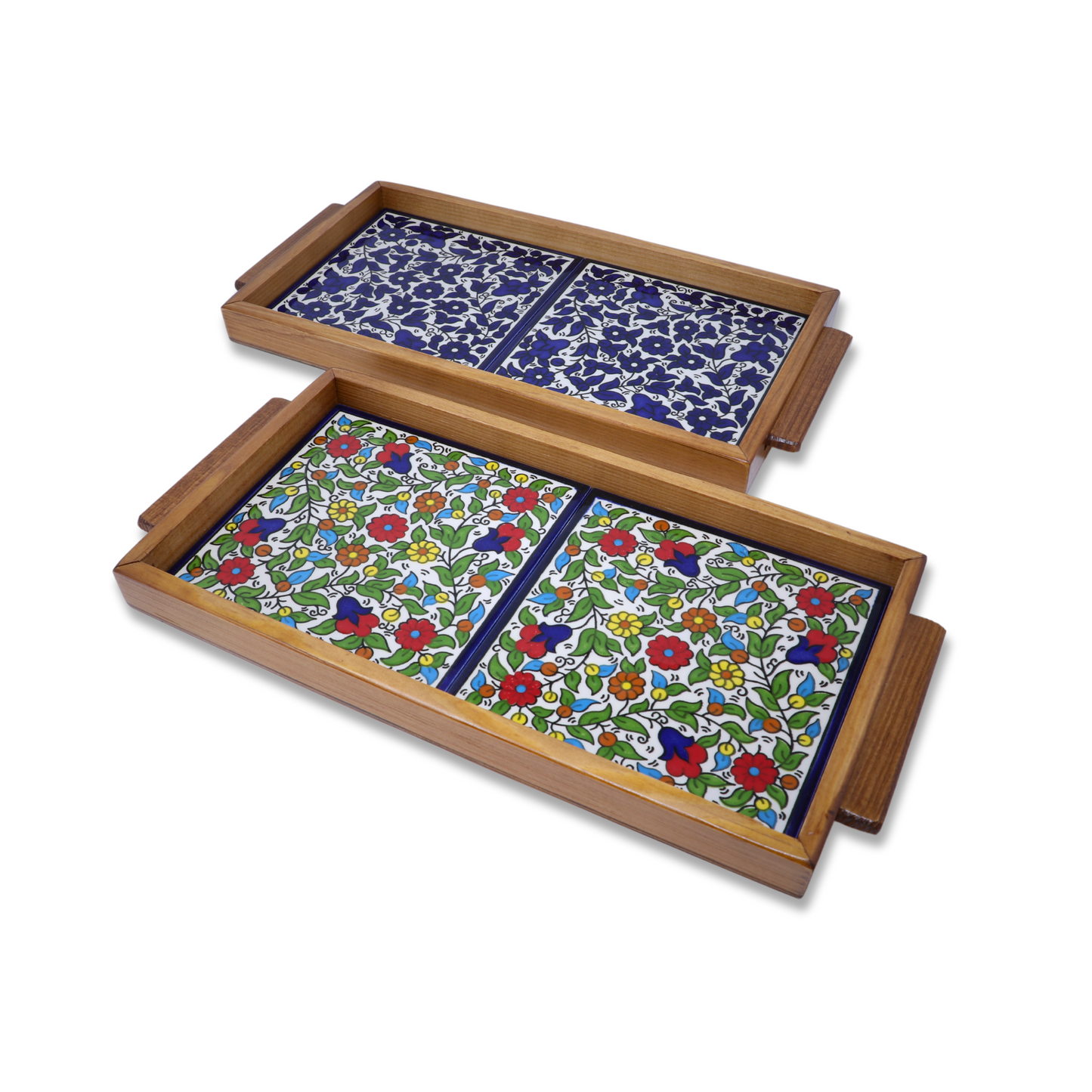 Handmade Wooden Tray with Ceramic Tiles 35x17 cm