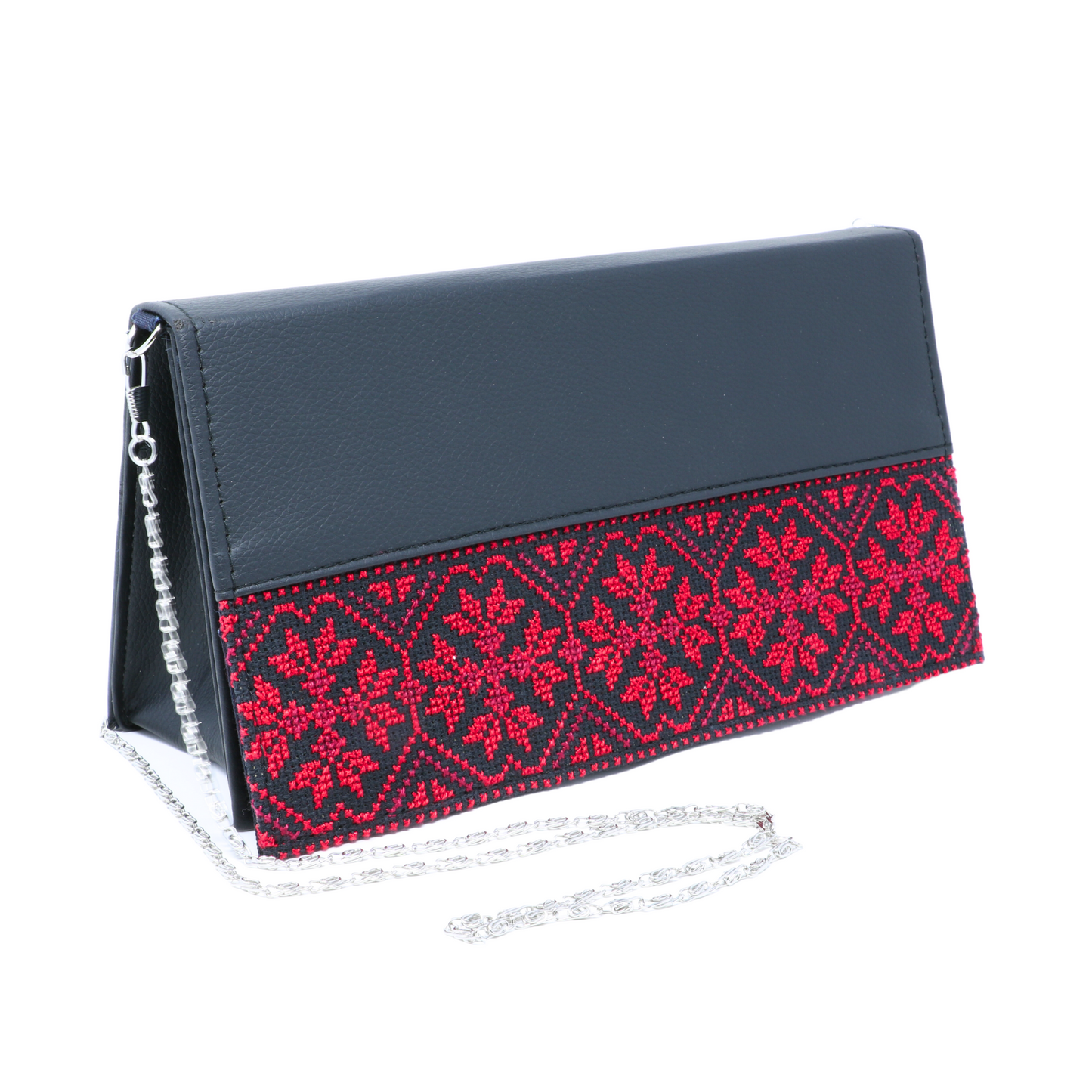 Rectangle-shaped Soiree Leather Bag with Vibrant Cross-Stitch Hand-Embroidery and Metal Chain Strap (26x15 cm), Half Inlay