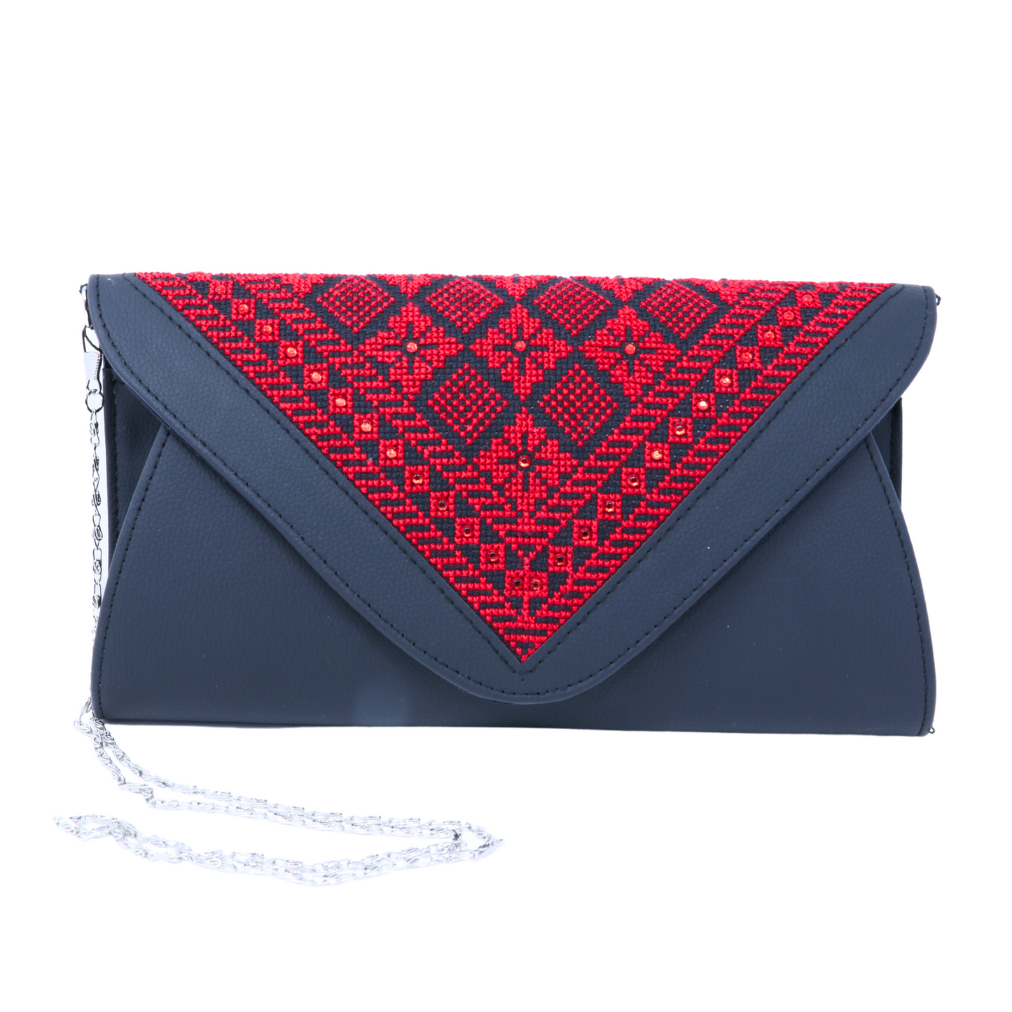 Masterpiece in Thread: Soiree Leather Bag with Vibrant Cross-Stitch Hand-Embroidery and Metal Chain Strap (29x16 cm), Red-on-Black