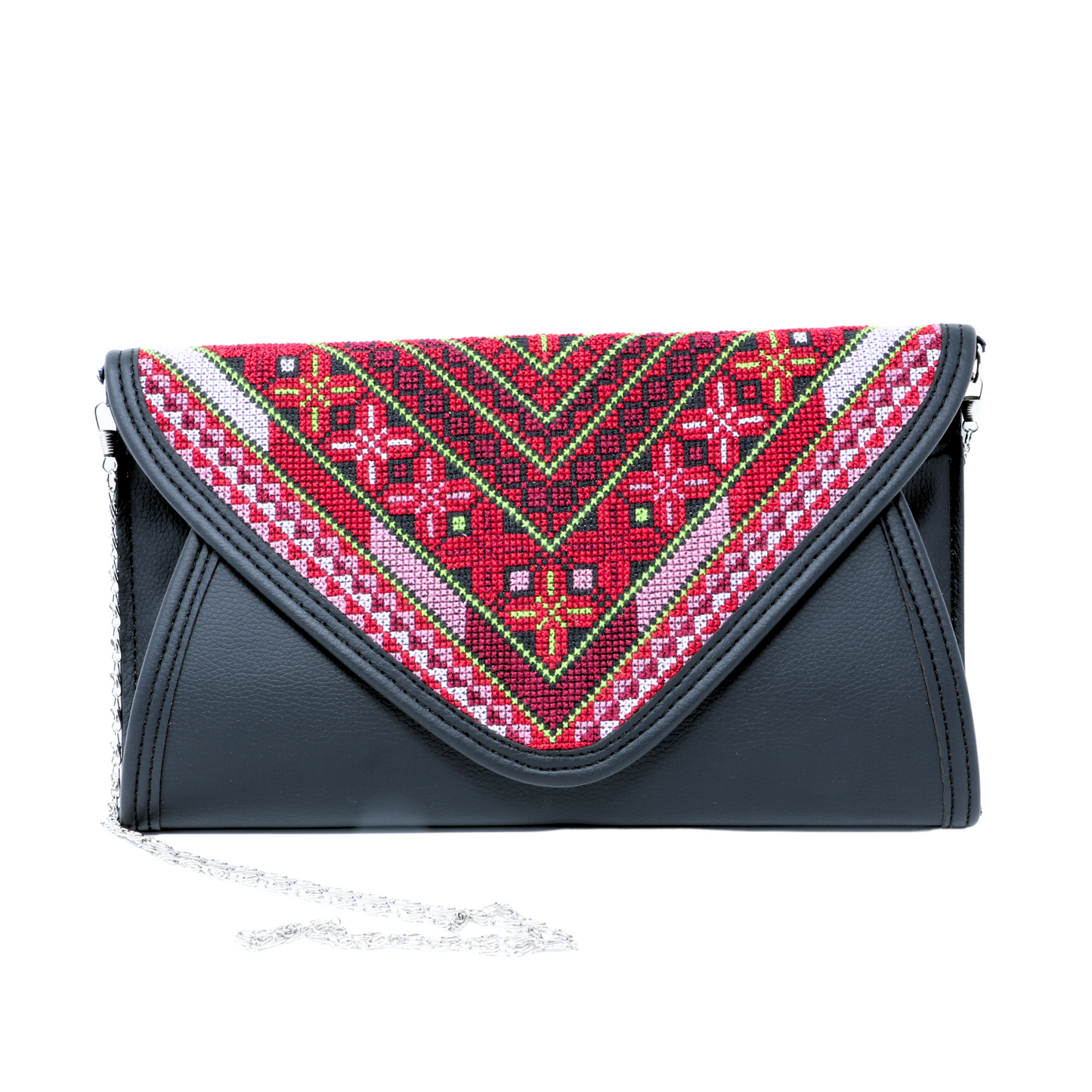 Masterpiece in Thread: Soiree Leather Bag with Vibrant Cross-Stitch Hand-Embroidery and Metal Chain Strap (29x16 cm), Colorful