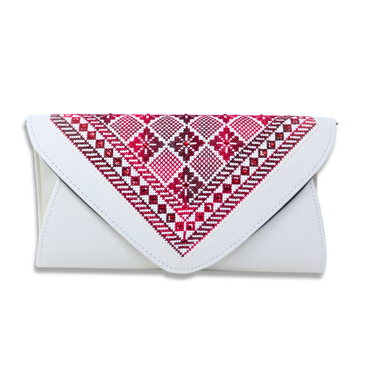 Masterpiece in Thread: Soiree Leather Bag with Vibrant Cross-Stitch Hand-Embroidery and Metal Chain Strap (29x16 cm), Red-on-Beige