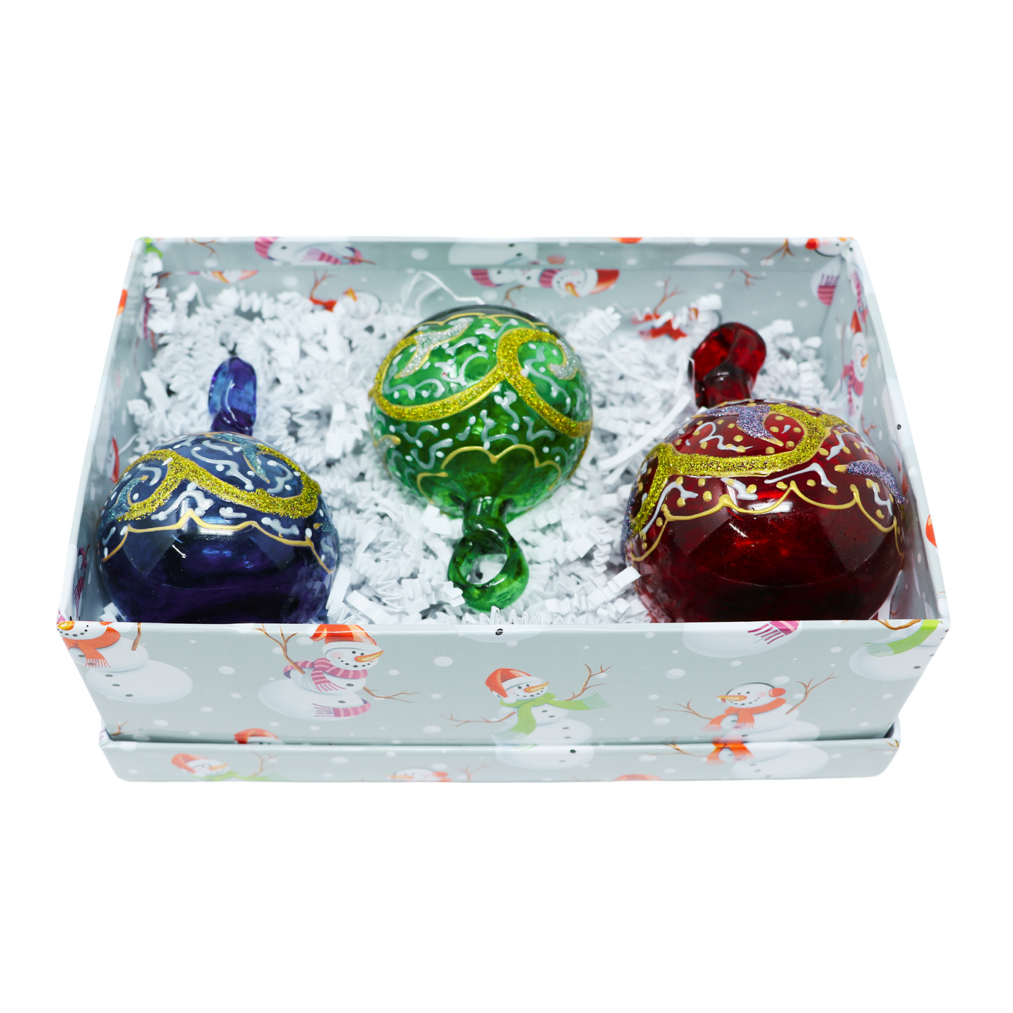 Handmade, Hand Painted Glass Christmas Ornaments in Gift Box - Set of 3