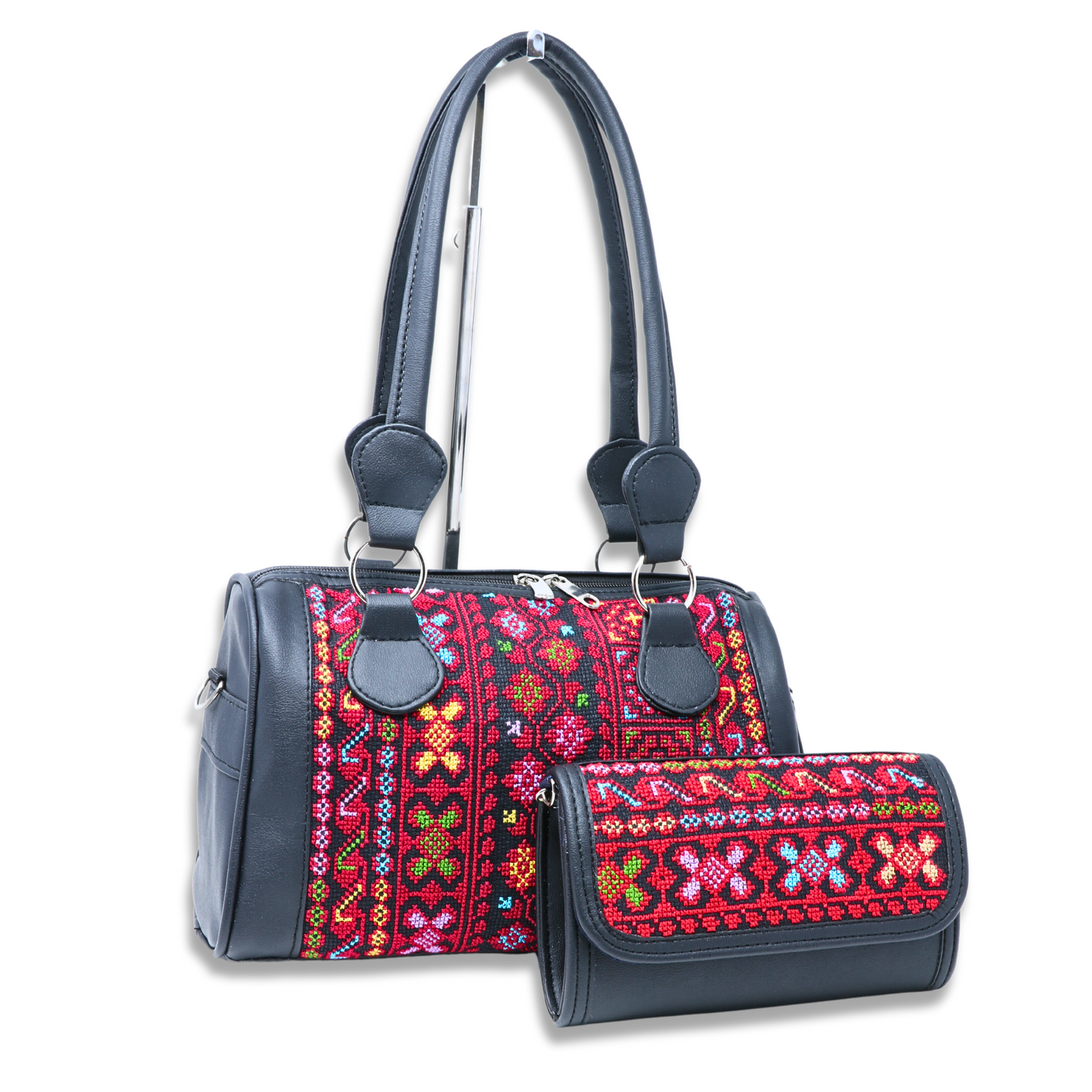 Artisanal Elegance: Hand-Embroidered Leather Handbag with Vibrant Accents, Full Inlay (35x15x20 cm)
