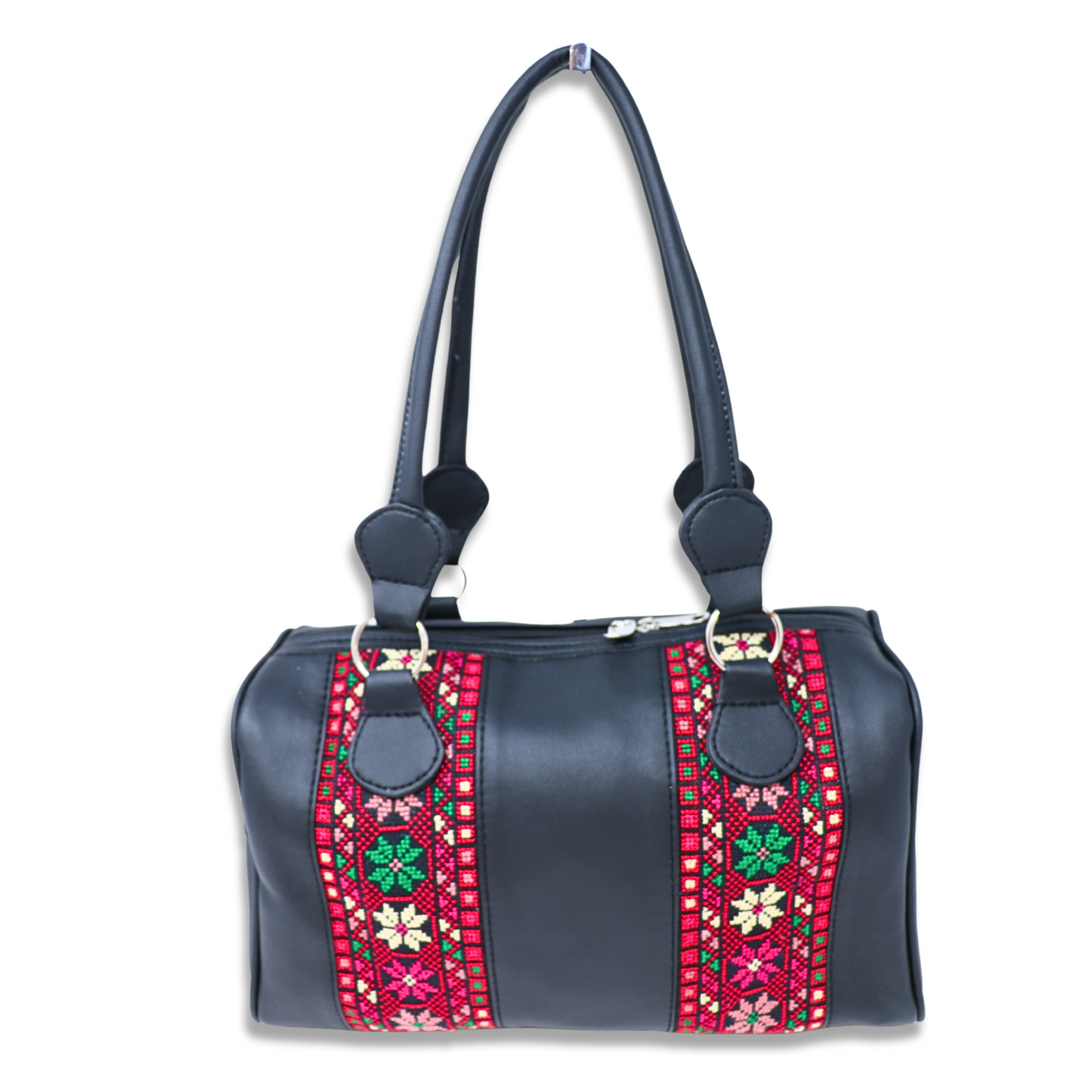 Artisanal Elegance: Hand-Embroidered Leather Handbag with Vibrant Accents, Two Vertical Strips (35x15x20 cm)