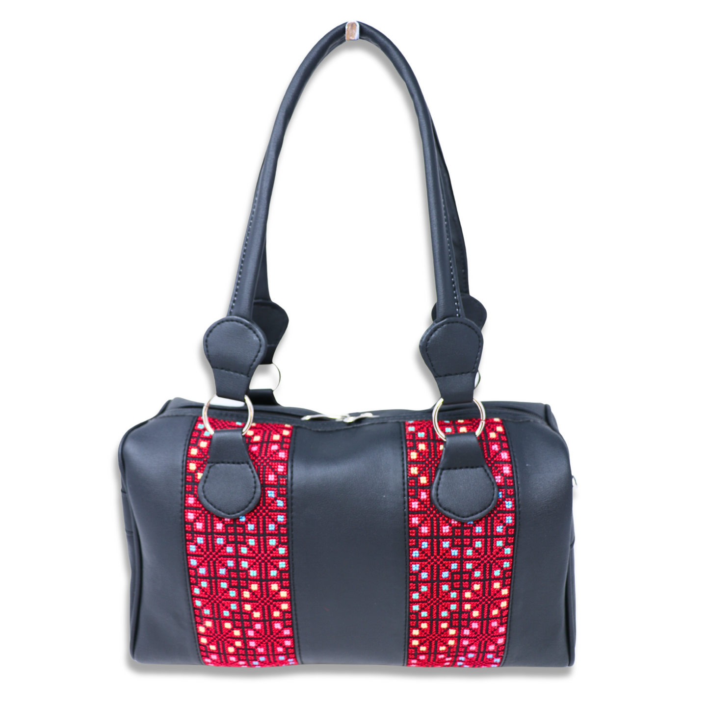 Artisanal Elegance: Hand-Embroidered Leather Handbag with Vibrant Accents, Two Vertical Strips (35x15x20 cm)