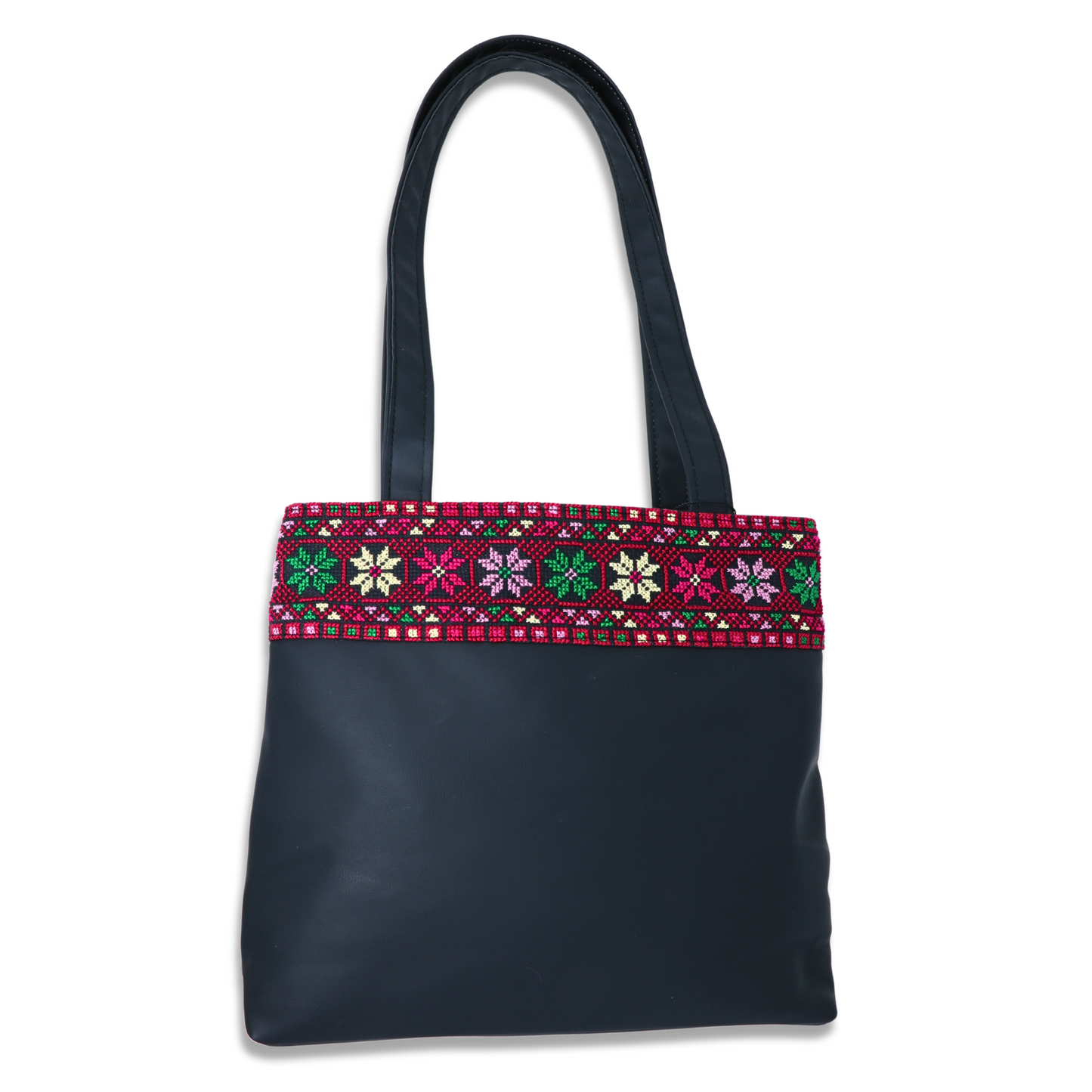 Colorful Artistry: Hand-Embroidered Leather Tote Bag (35x15x30 cm), One Horizontal Strip on Top