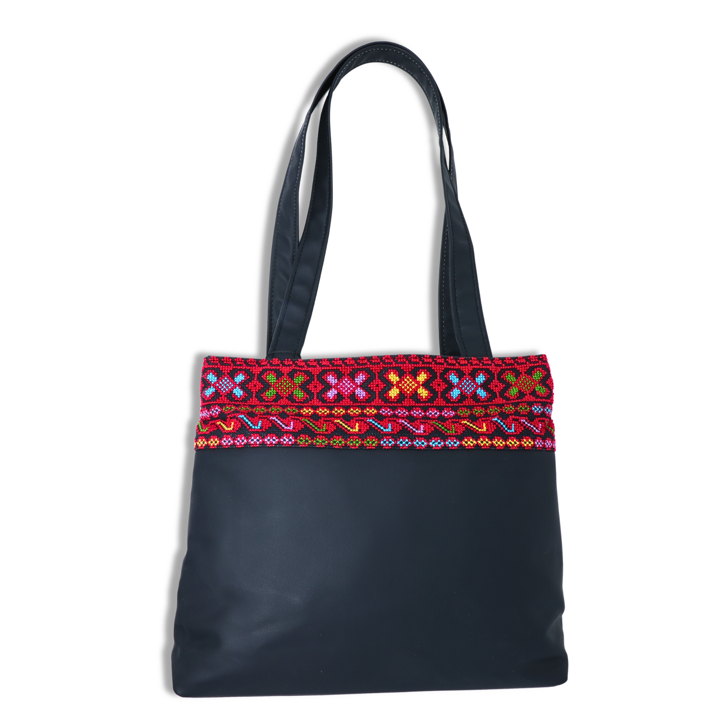 Colorful Artistry: Hand-Embroidered Leather Tote Bag (35x15x30 cm), One Horizontal Strip on Top