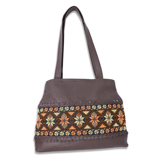 Colorful Artistry: Hand-Embroidered Brown Leather Tote Bag (33x15x27 cm), One Horizontal Strip, Middle