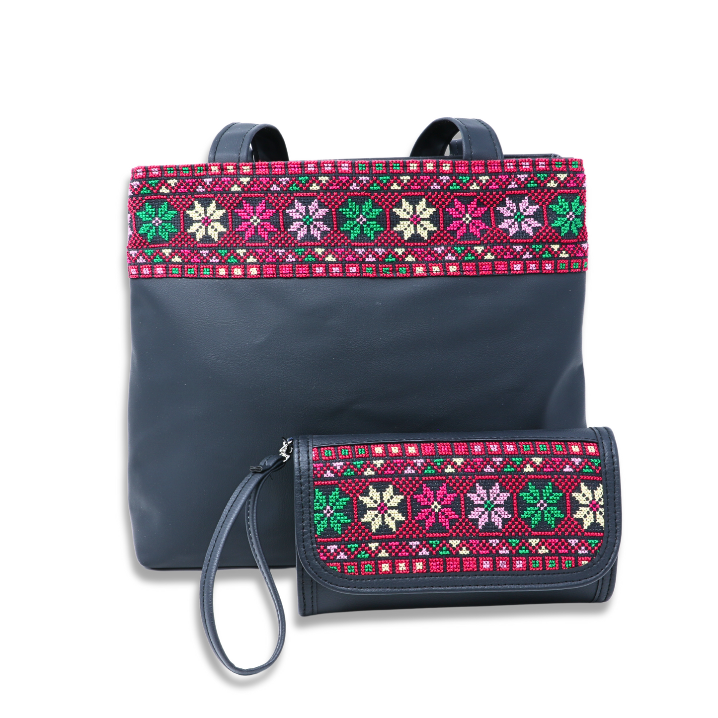Colorful Artistry: Hand-Embroidered Leather Tote Bag (35x15x30 cm), One Horizontal Strip on Top