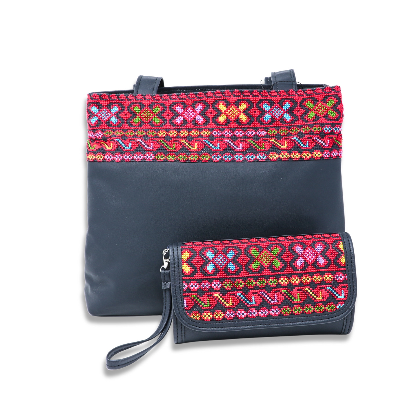 Colorful Artistry: Hand-Embroidered Leather Tote Bag (35x15x30 cm), One Horizontal Strip on Top