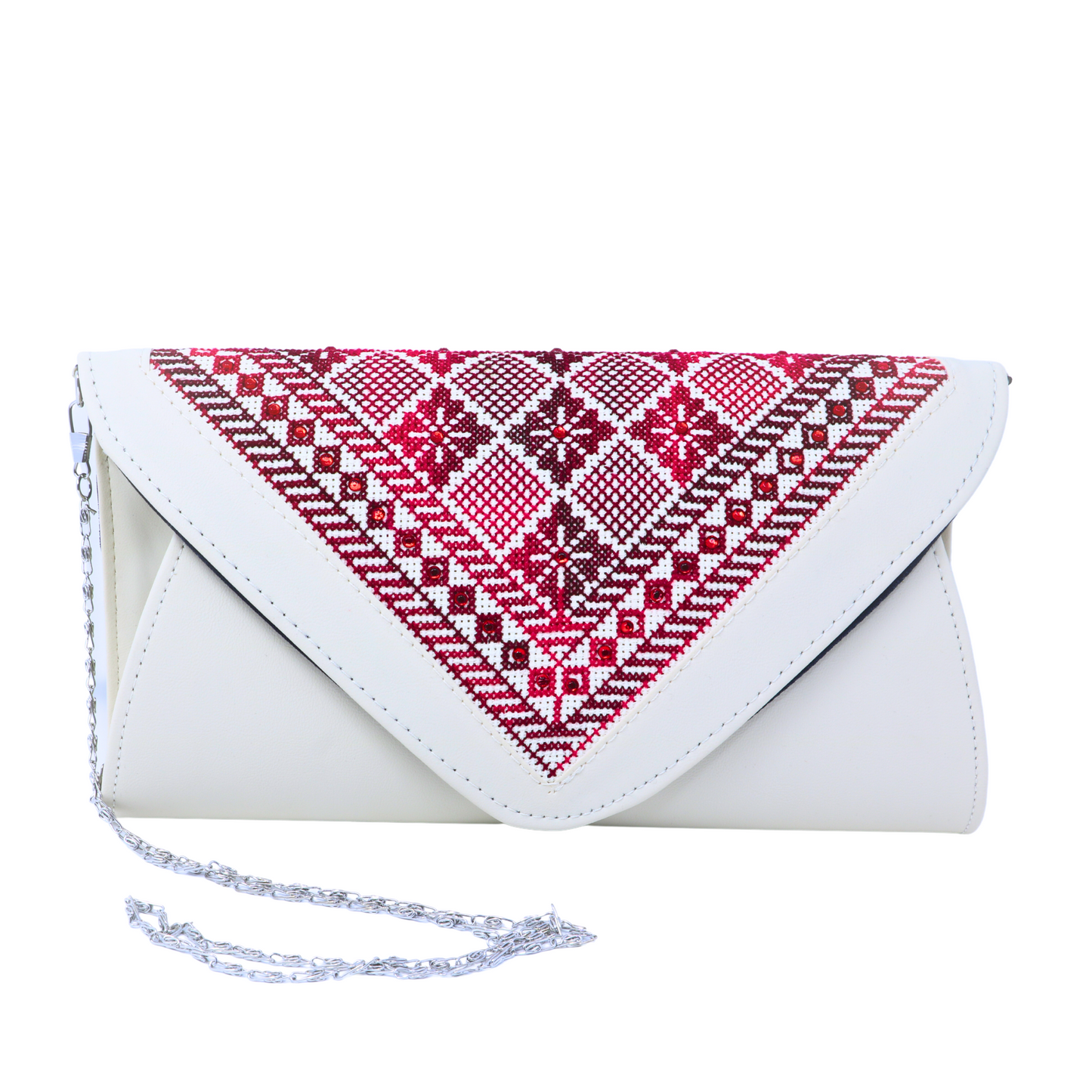 Masterpiece in Thread: Soiree Leather Bag with Vibrant Cross-Stitch Hand-Embroidery and Metal Chain Strap (29x16 cm), Red-on-Beige