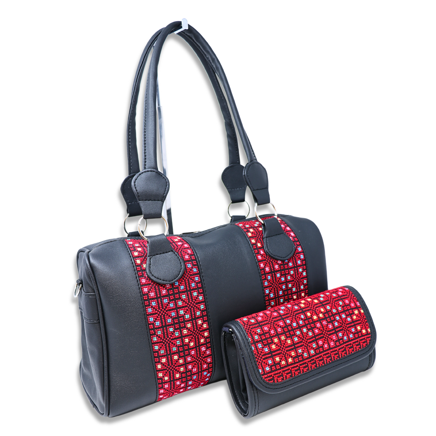 Artisanal Elegance: Hand-Embroidered Leather Handbag with Vibrant Accents, Two Vertical Strips (35x15x20 cm)