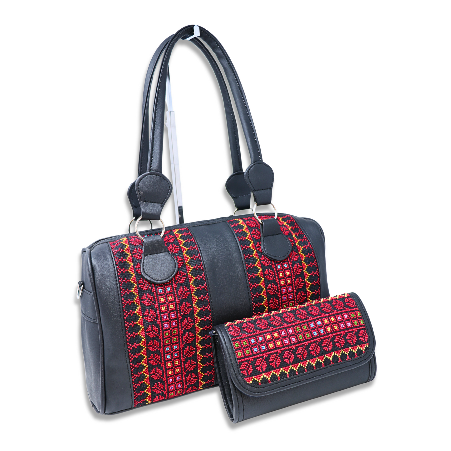 Artisanal Elegance: Hand-Embroidered Leather Handbag with Vibrant Accents, Two Vertical Strips (35x15x20 cm)