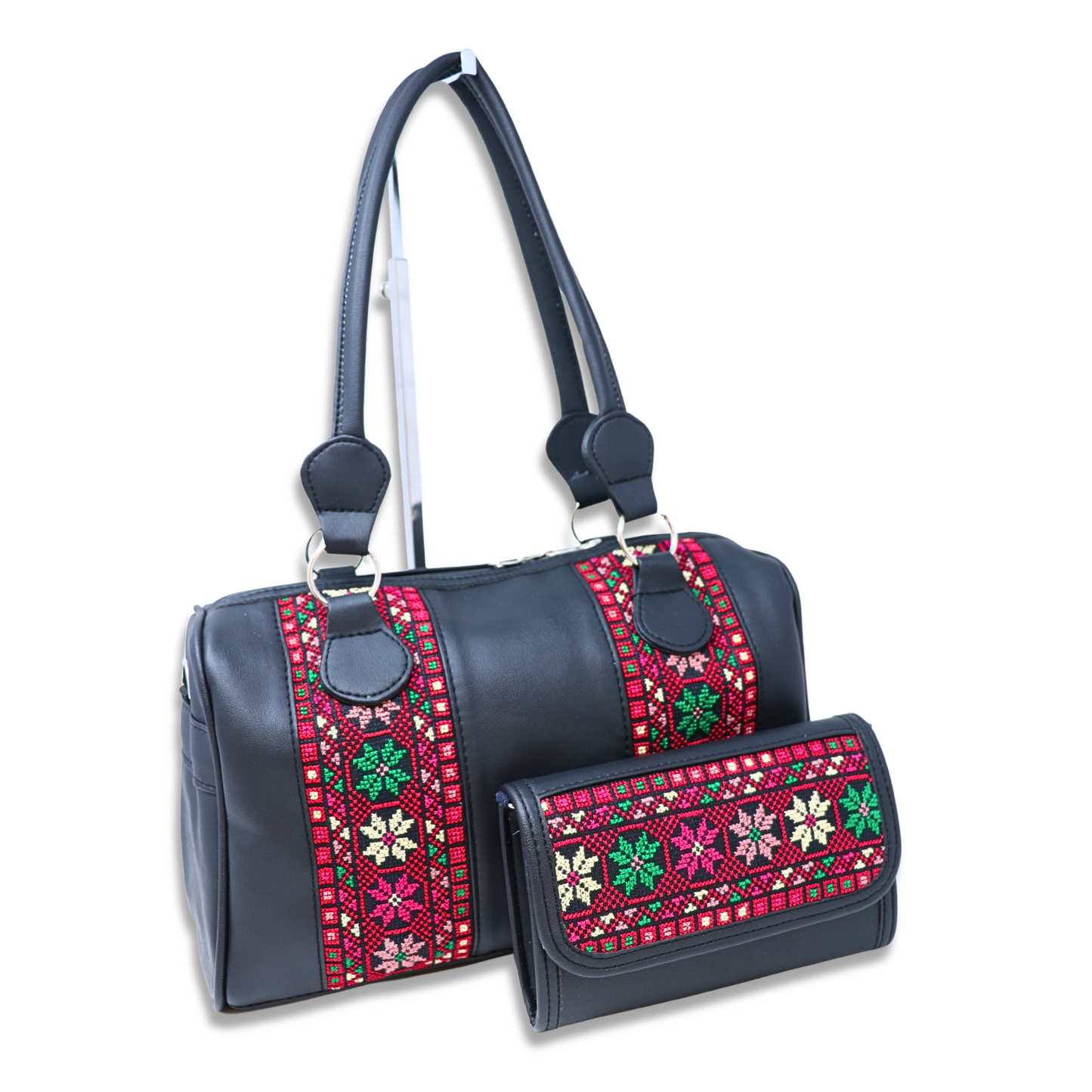 Artisanal Elegance: Hand-Embroidered Leather Handbag with Vibrant Accents, Two Vertical Strips (35x15x20 cm)