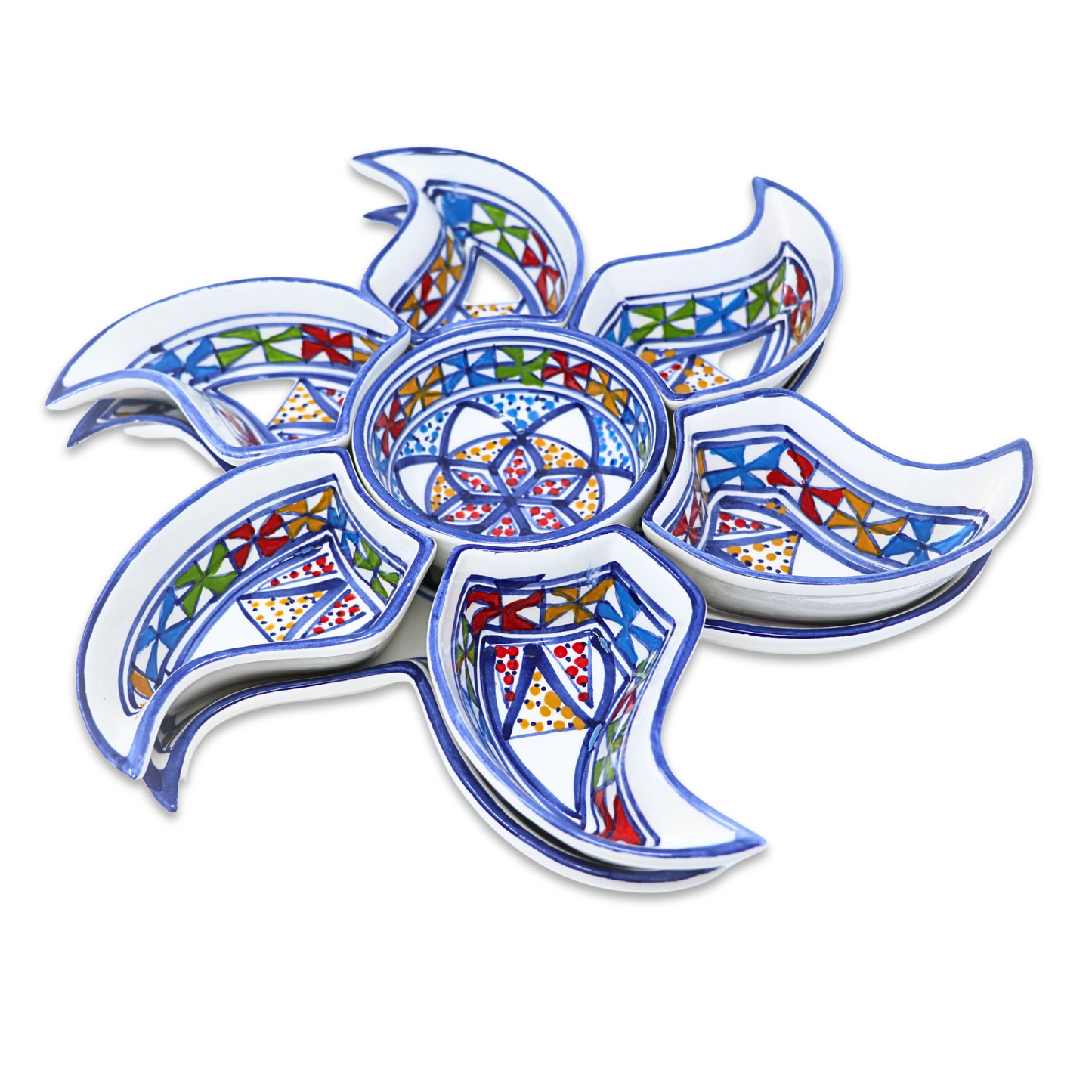 Handmade Ceramic 8 Piece Sun-Shaped Appetizer and Condiment Platter, 34 cm