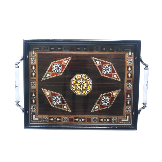 Wooden Mosaic Tray with Carrying Handle - 46x32 cm