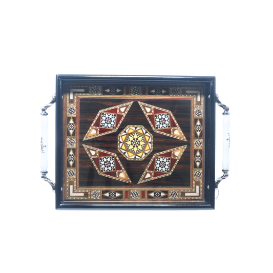 Wooden Mosaic Tray with Carrying Handle - 40x28 cm