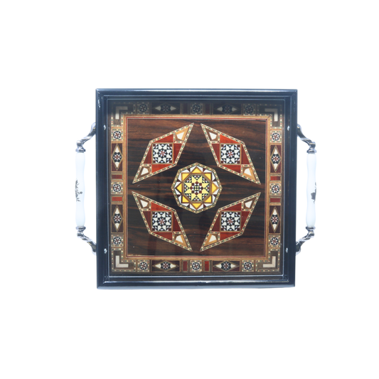 Wooden Mosaic Tray with Carrying Handle - 37x30 cm