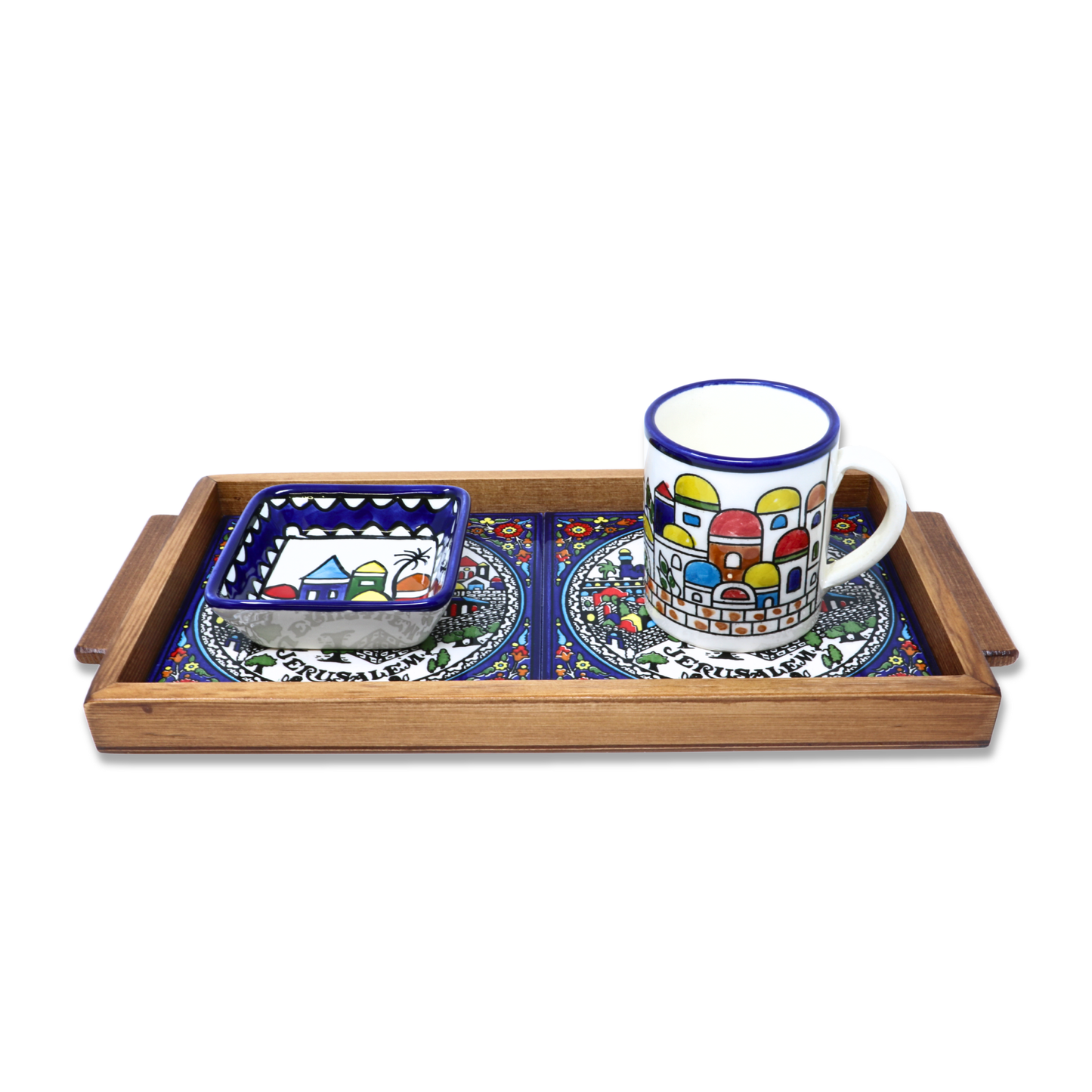Handmade Wooden Tray with Ceramic Tiles 35x17 cm