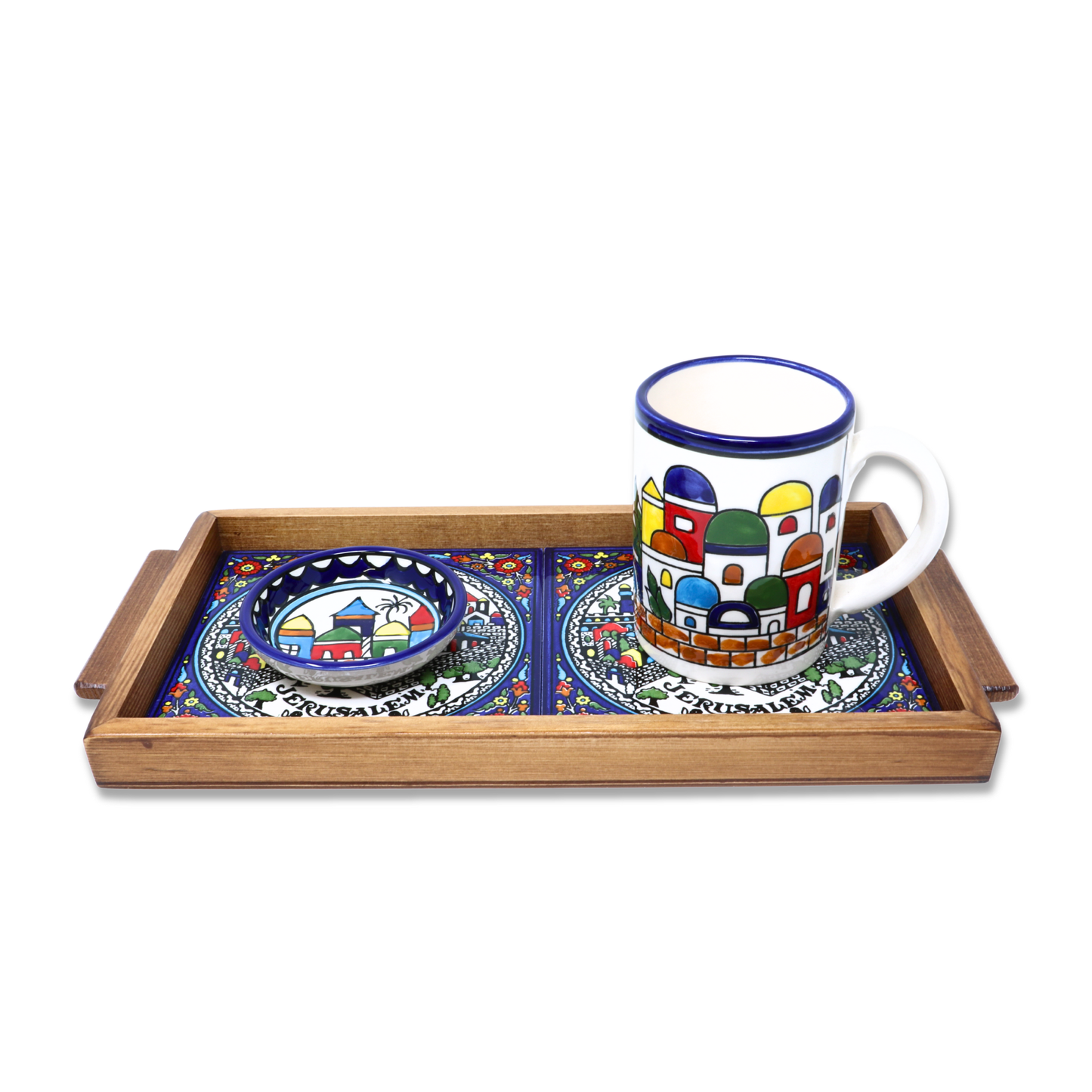Handmade Wooden Tray with Ceramic Tiles 35x17 cm