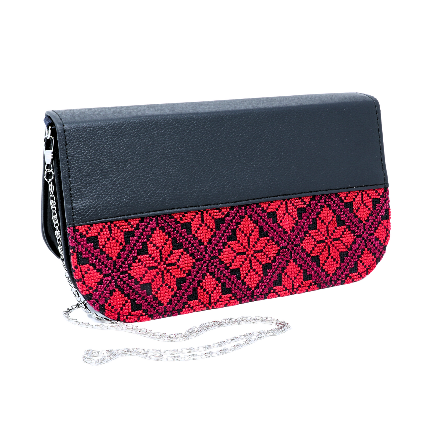 Stylish Soiree Leather Bag with Vibrant Cross-Stitch Hand-Embroidery and Metal Chain Strap (26x15 cm)