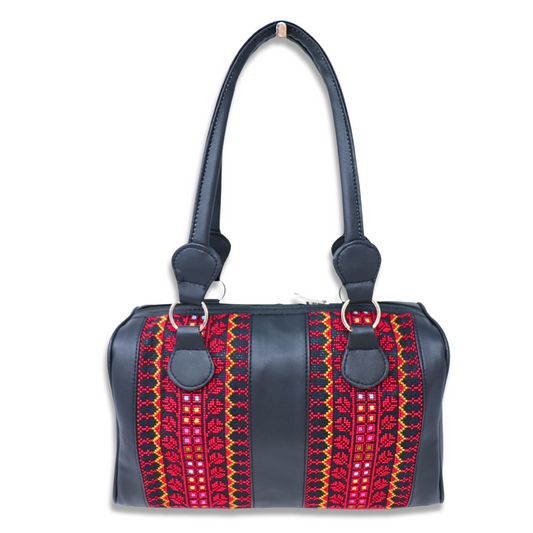 Artisanal Elegance: Hand-Embroidered Leather Handbag with Vibrant Accents, Two Vertical Strips (35x15x20 cm)