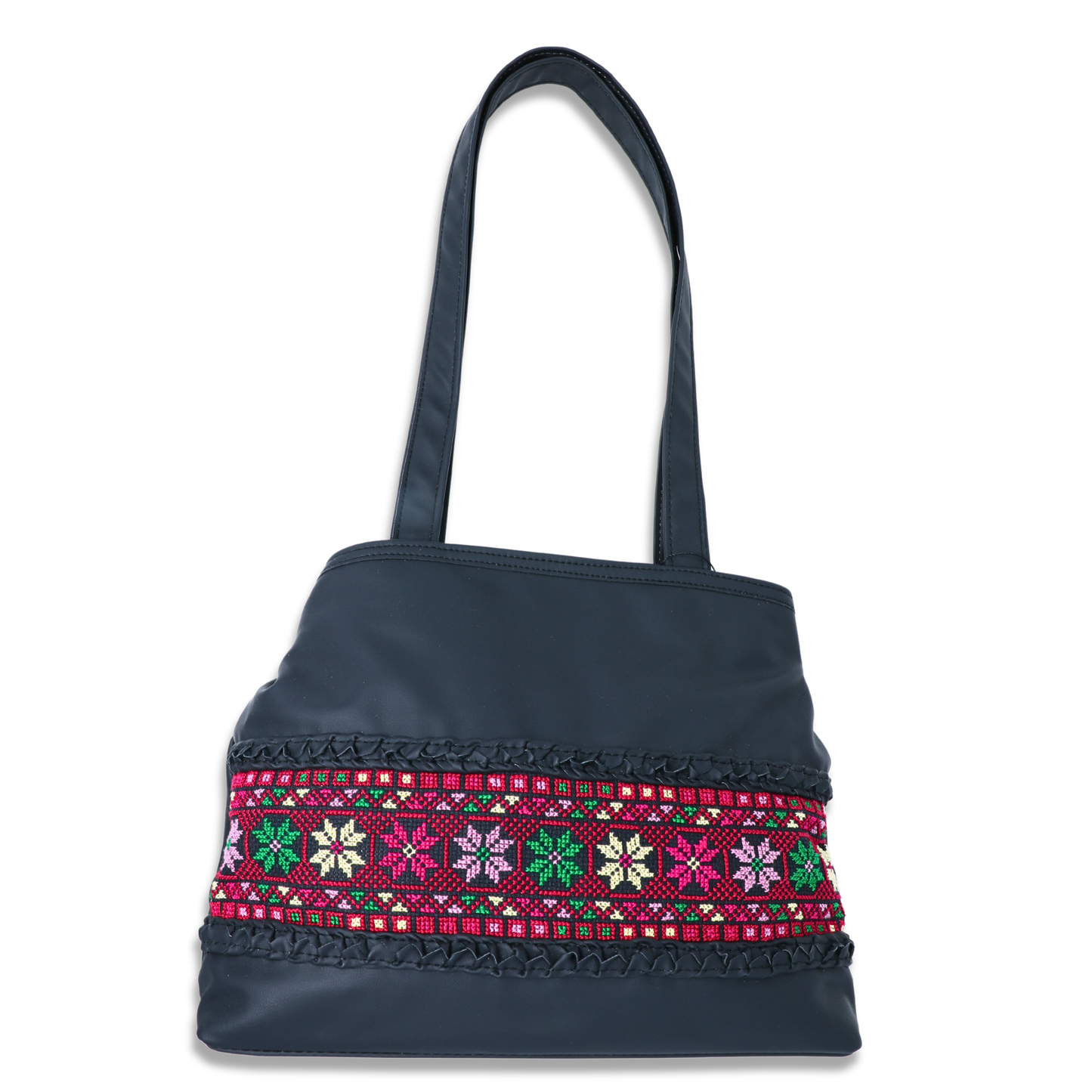 Colorful Artistry: Hand-Embroidered Balck Leather Tote Bag (33x15x27 cm), One Horizontal Strip, Middle
