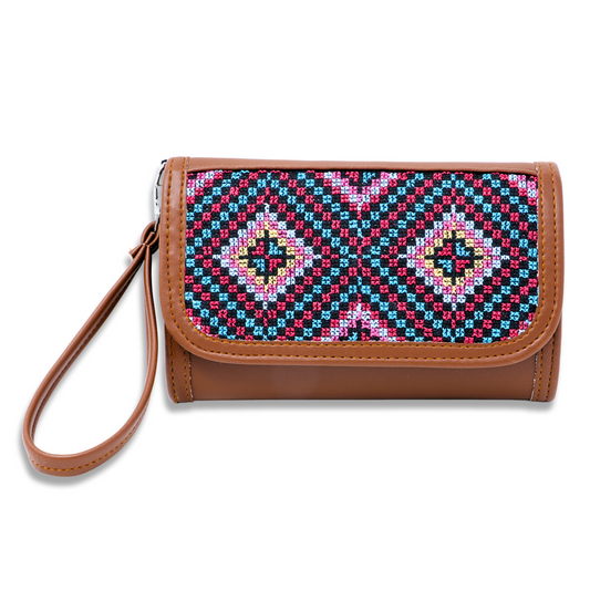 Artistry in Stitches: Hand-Embroidered Brown Leather Wallet with Ample Card Holders (20x12 cm)