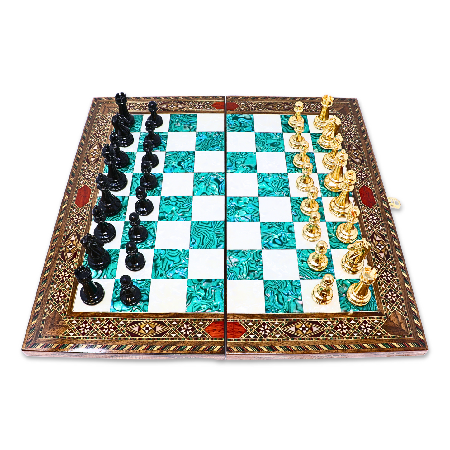 Handmade Wooden Mosaic Chess Board - Folding - Large - 38 cm