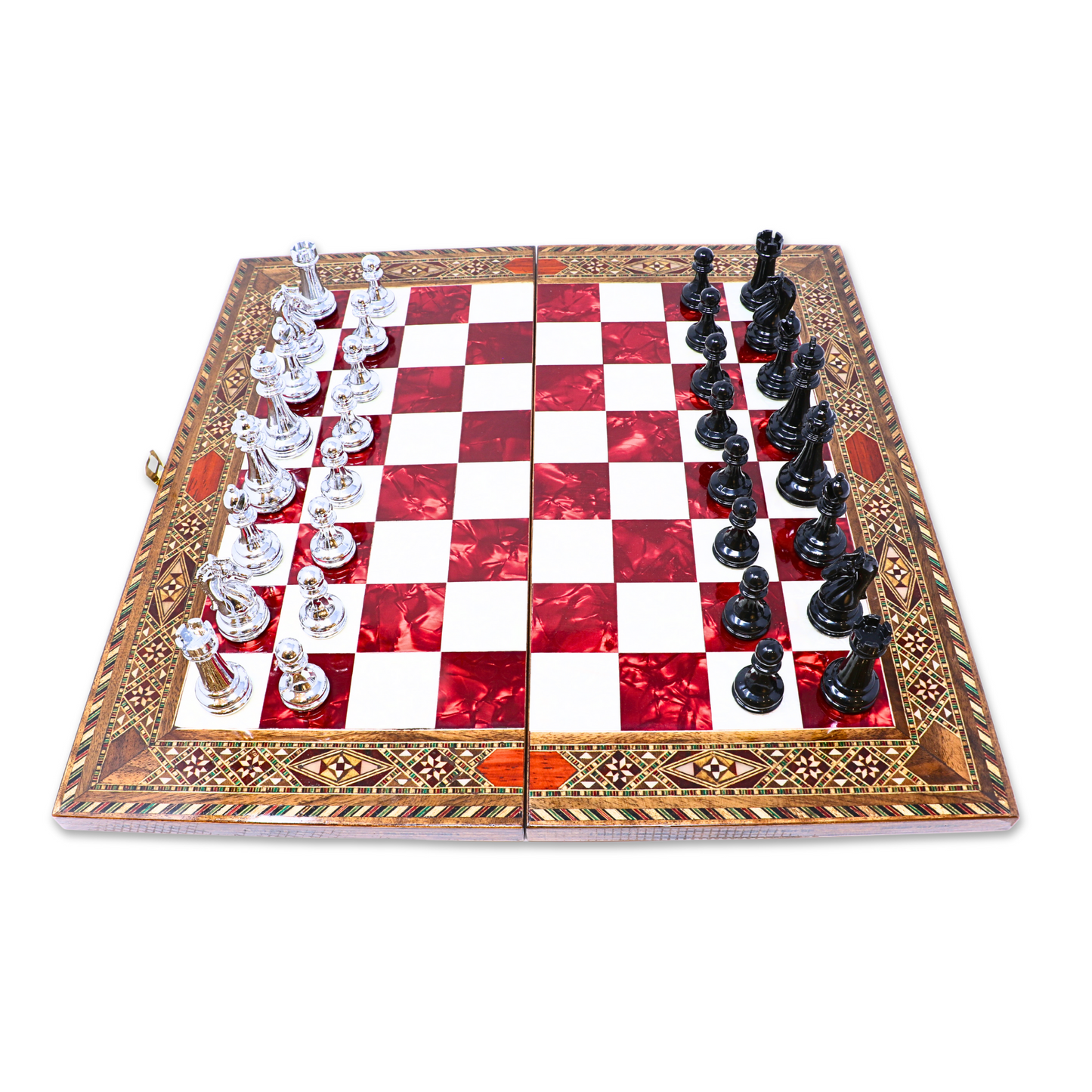 Handmade Wooden Mosaic Chess Board - Folding - Large - 38 cm